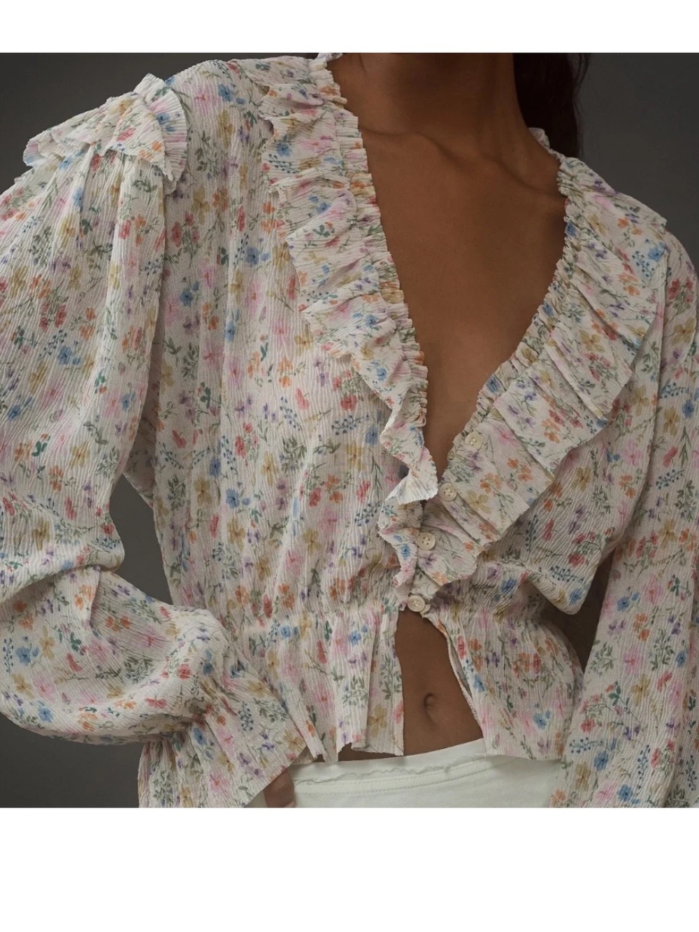 Anthropologie Long-Sleeve Mesh Ruffle Blouse Medium